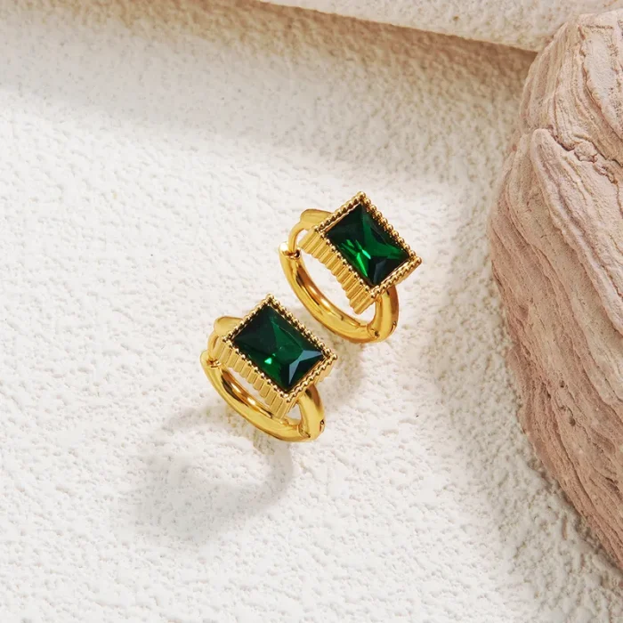 Σκουλαρίκια Κρικάκια με Πράσινη Πέτρα - Χρυσό - Image 3