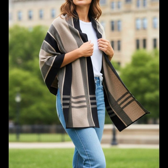 Γυναικεία Πασμίνα με Καρό στο Τελείωμα - Μπεζ / Μαύρο - Image 2