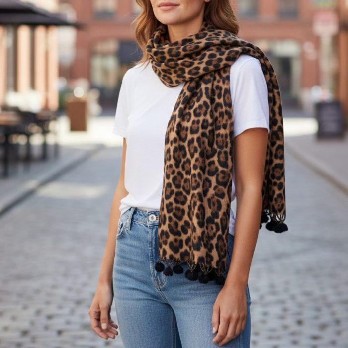 Γυναικεία Πασμίνα Μακριά Leopard Nora με Φούντες – Καφέ - Image 2