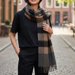 Γυναικεία Πασμίνα Μακριά με Κρόσσια Καρό Alina – Μαύρο/Μπεζ