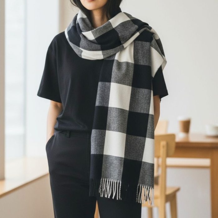 Γυναικεία Πασμίνα Μακριά με Κρόσσια Καρό Alina – Ασπρόμαυρη - Image 2