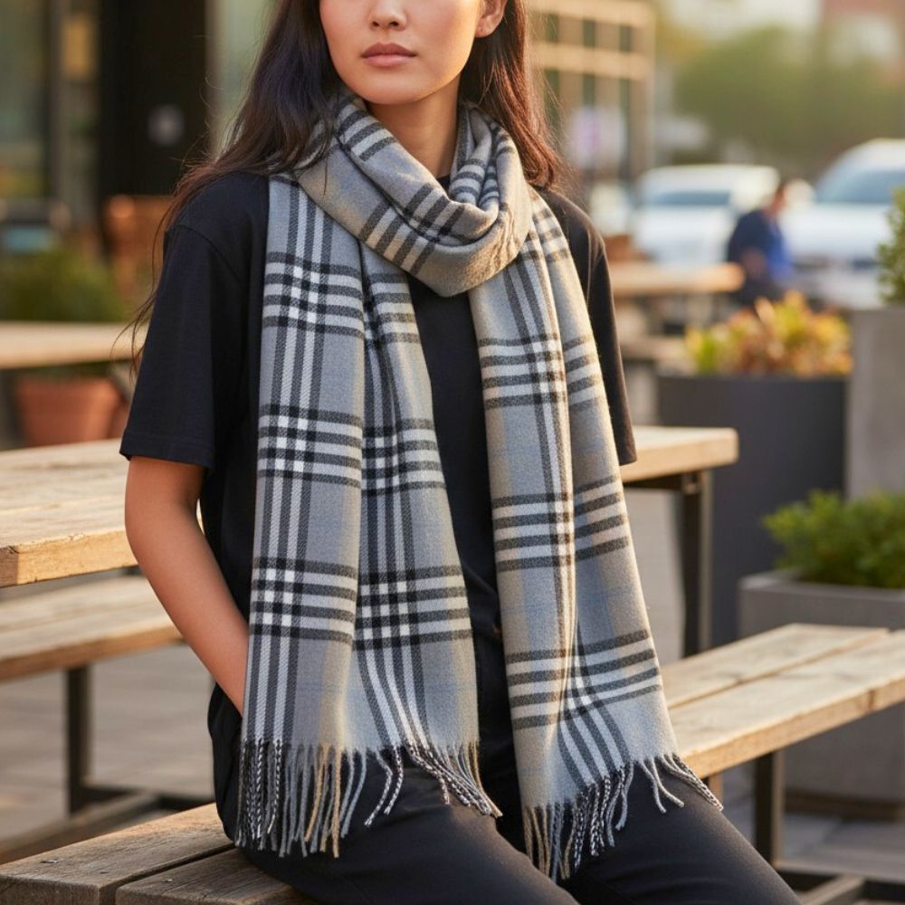gunaikeies-pasmines-karo-kosmima-online (7) Γυναικεία Πασμίνα Μακριά με Κρόσσια Καρό Ταρτάν – Γκρι - Image 1