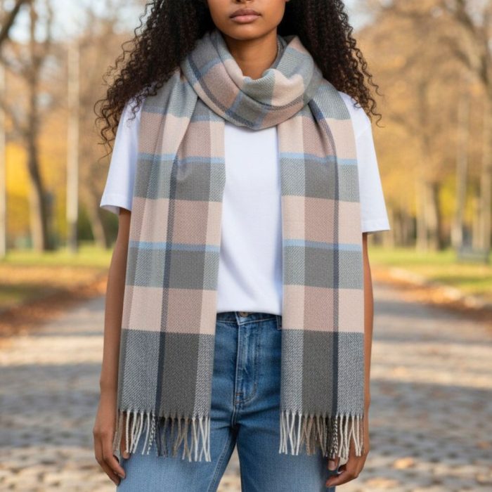 Γυναικεία Πασμίνα Μακριά με Κρόσσια Καρό – Ροζ / Γκρι - Image 2