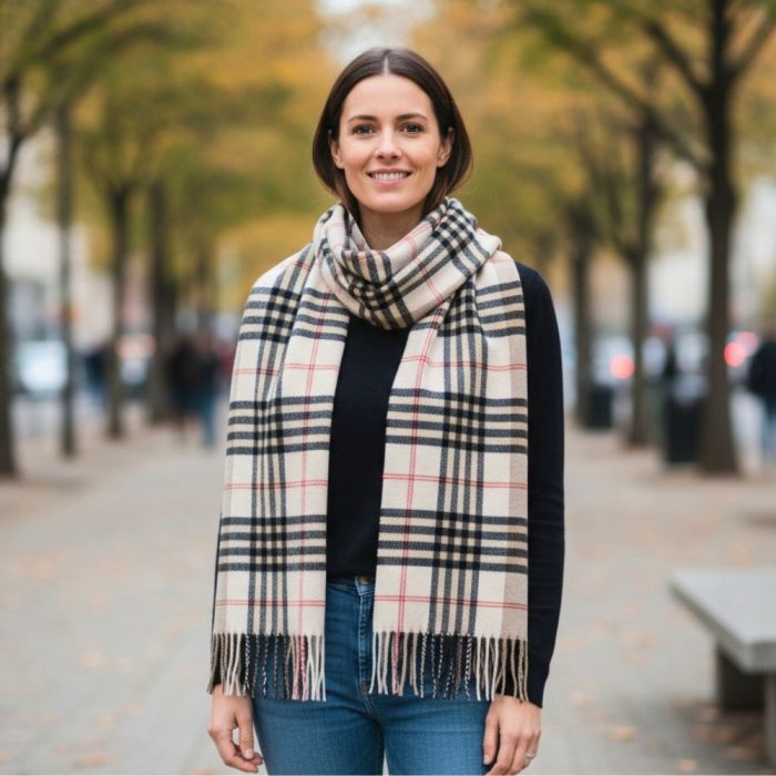 Γυναικεία Πασμίνα Μακριά με Κρόσσια Καρό Ταρτάν – Λευκή - Image 2