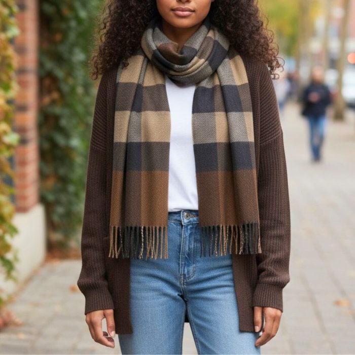 Γυναικεία Πασμίνα Μακριά με Κρόσσια Καρό - Καφέ - Image 2