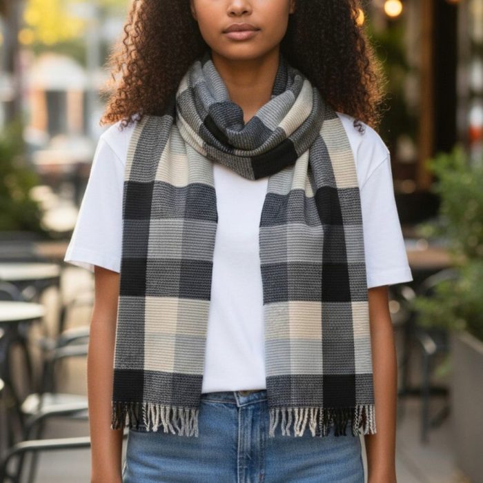 Γυναικεία Πασμίνα Μακριά Καρό Σκακιέρα με Κρόσσια - Γκρι - Image 2