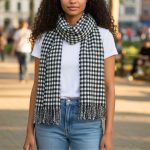 Γυναικεία Πασμίνα Διπλής Όψης Καρό και Houndstooth με Κρόσια - Ασπρόμαυρο - Image 2