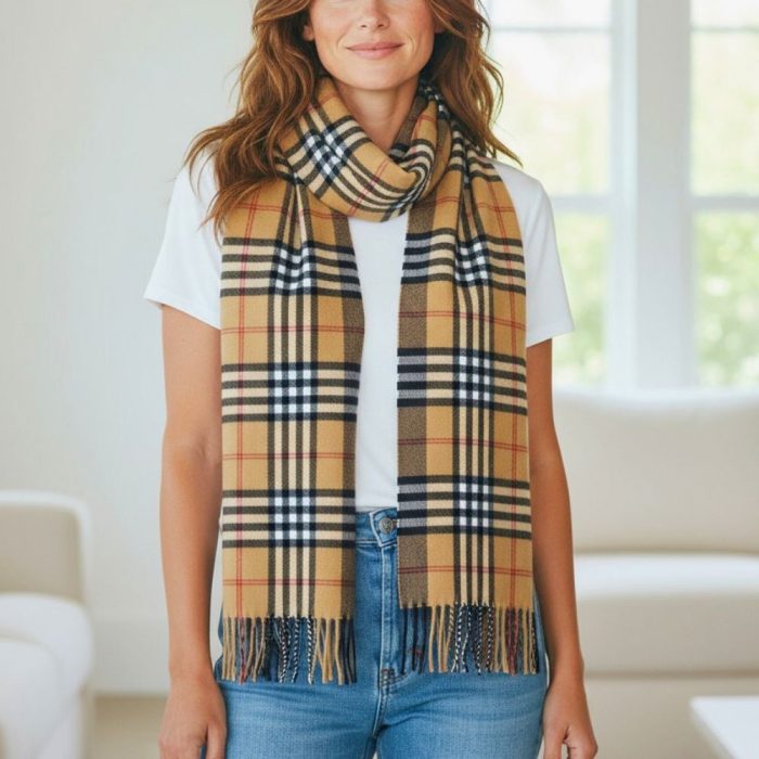 Γυναικεία Πασμίνα Μακριά με Κρόσσια Καρό Ταρτάν – Μπεζ - Image 2