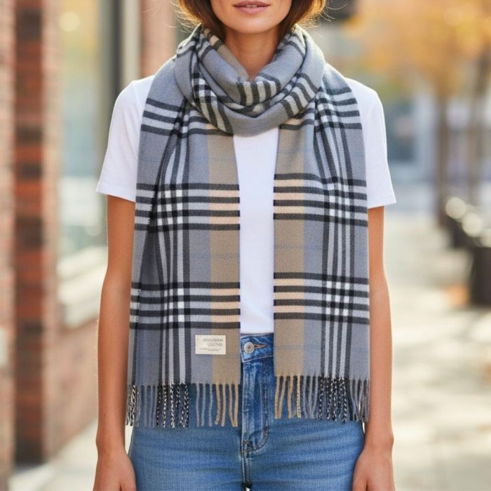 Γυναικεία Πασμίνα Μακριά με Κρόσσια Καρό Ταρτάν – Γαλάζιο - Image 2