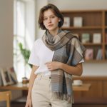 Γυναικεία Πασμίνα Μακριά με Κρόσσια Καρό – Μπεζ - Image 2