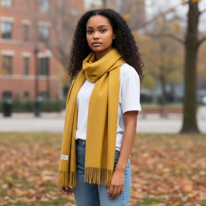 Γυναικεία Πασμίνα Μακριά με Κρόσσια – Μουσταρδί - Image 2