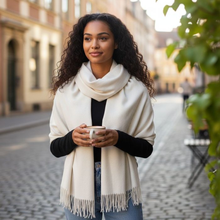 Γυναικεία Πασμίνα Μακριά με Κρόσσια - Λευκή - Image 2