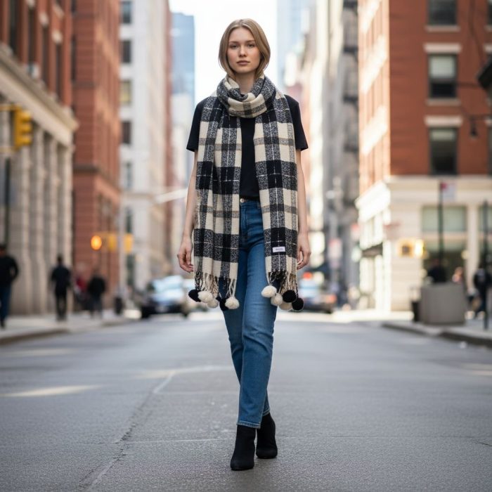 Γυναικεία Πασμίνα Μακριά Καρό με Φούντες – Λευκή - Image 2