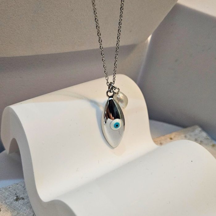 Κολιέ Λεπτή Αλυσίδα με Οβάλ Ματάκι - Ασημί - Image 2