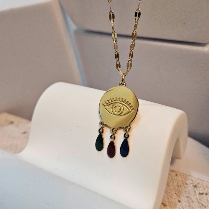 Κολιέ με Λεπτή Αλυσίδα και Charm Μάτι με Κρεμαστές Χάντρες - Χρυσό - Image 2