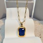 Κολιέ Αλυσίδα με Μπλε Πολυγωνικό Μενταγιόν - Χρυσό