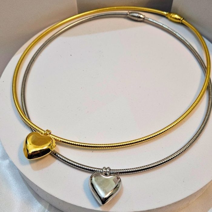 Κολιέ Choker Λαιμού με Εύκαμπτη Αλυσίδα και Charm Καρδιά - Χρυσό - Image 2