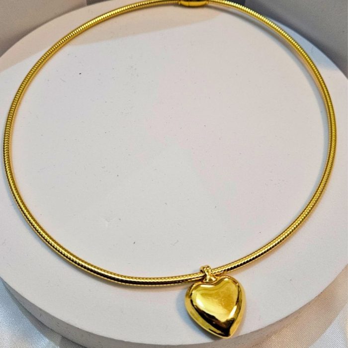 Κολιέ Choker Λαιμού με Εύκαμπτη Αλυσίδα και Charm Καρδιά - Χρυσό - Image 3