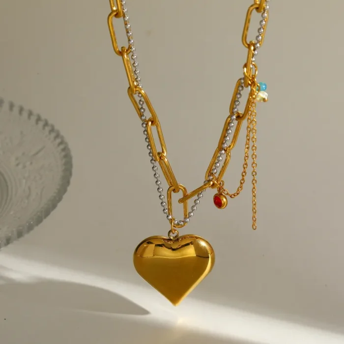 Κολιέ Αλυσίδα Golden Chunky Heart - Δίχρωμο - Image 3