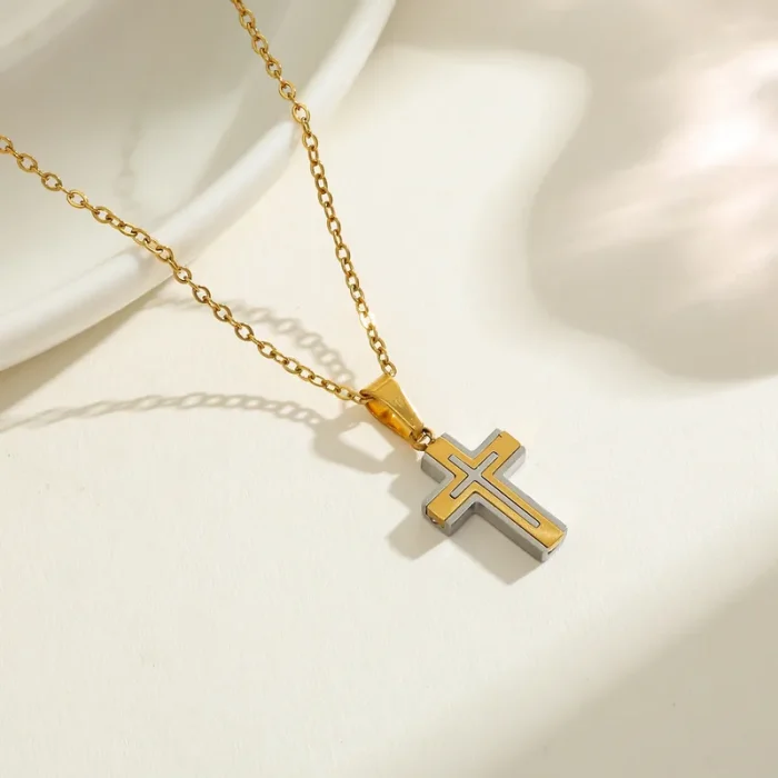 Κολιέ Λεπτή Αλυσίδα Σταυρός - Δίχρωμο - Image 2