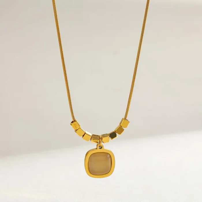 Κολιέ Λεπτή Αλυσίδα Cushion Πέτρα Μπεζ - Χρυσό - Image 3