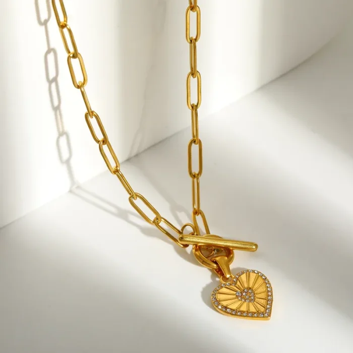 Κολιέ Paperclip Chain με Καρδιά και Στρας - Χρυσό - Image 2