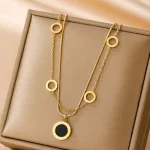 Κολιέ Διπλή Αλυσίδα με Κρικάκια και Κρεμαστό Μαύρο Δίσκο - Χρυσό - Image 2