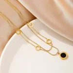Κολιέ Διπλή Αλυσίδα με Κρικάκια και Κρεμαστό Μαύρο Δίσκο - Χρυσό