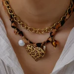 Κολιέ Διπλή Αλυσίδα και Bandana με Λεοπάρ Καρδιά Καφέ - Χρυσό