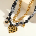 Κολιέ Διπλή Αλυσίδα και Bandana με Λεοπάρ Καρδιά - Χρυσό - Image 2