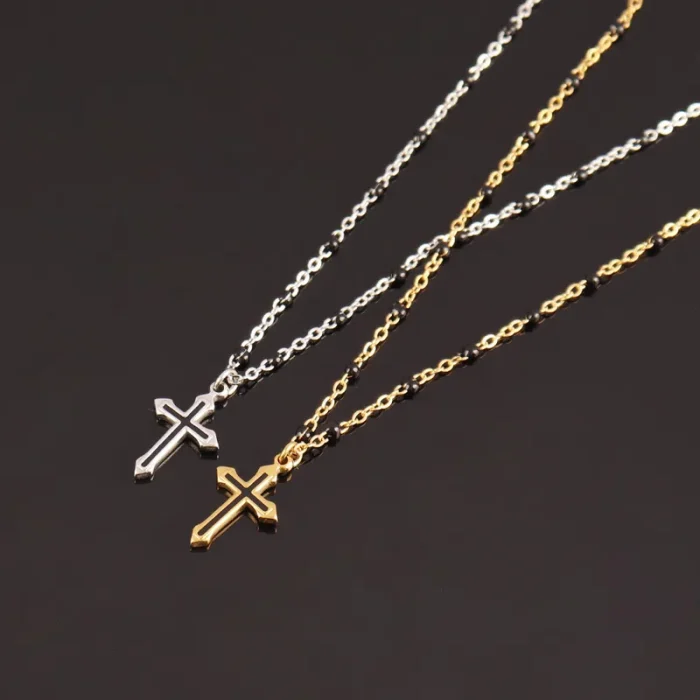 Κολιέ Αλυσίδα με Σταυρό και Μαύρες Χάντρες - Ασημί - Image 2