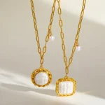 Κολιέ Αλυσίδα με Τετράγωνο Μενταγιόν από Λευκή Πέτρα Frame - Χρυσό - Image 3