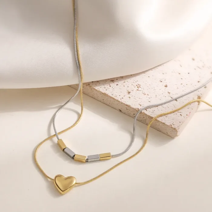 Κολιέ Διπλή Αλυσίδα Καρδούλα με Ράβδους - Δίχρωμο - Image 2