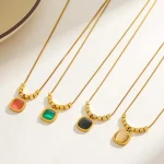 Κολιέ Λεπτή Αλυσίδα Cushion Πέτρα Μπεζ - Χρυσό - Image 2