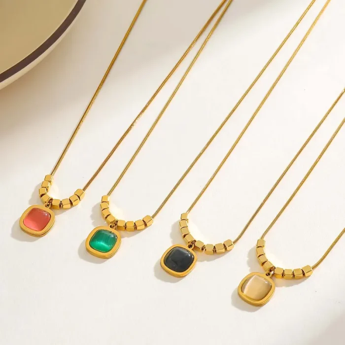 Κολιέ Λεπτή Αλυσίδα Cushion Πέτρα Μπεζ - Χρυσό - Image 2