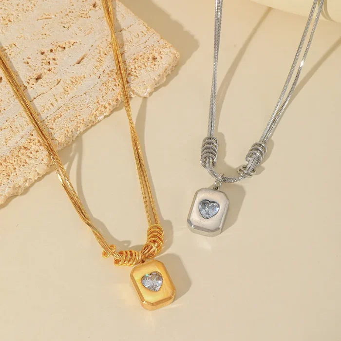Κολιέ Αλυσίδα Μοντέρνο Φυλαχτό με Διαμαντάκι Καρδιά - Ασημί - Image 2