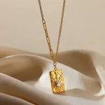 Κολιέ Αλυσίδα Ορθογώνιο Μενταγιόν Sun με Περλίτσα - Χρυσό