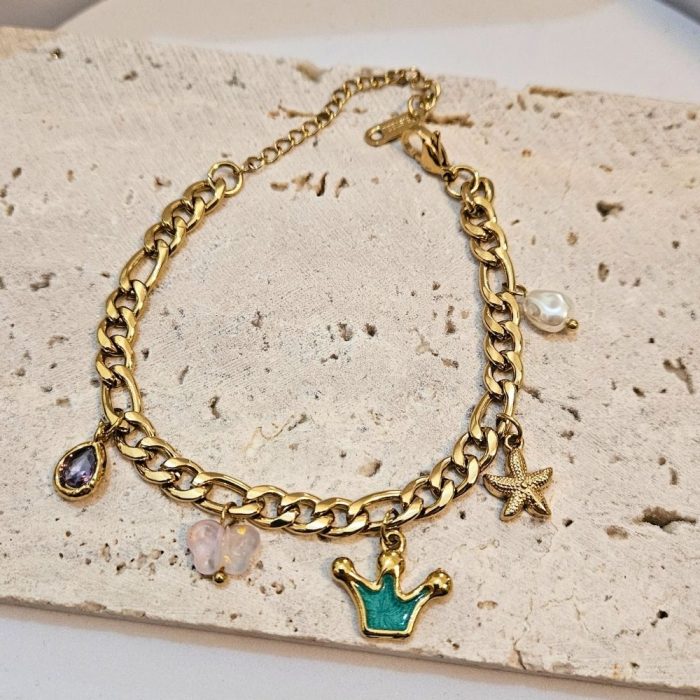 Βραχιόλι Αλυσίδα με Charms Crown και Πετραδάκια - Χρυσό - Image 2