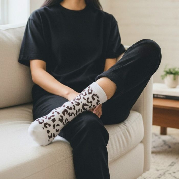 Κάλτσες Unisex Ψηλές Leopard Spots - Κρεμ - Image 2