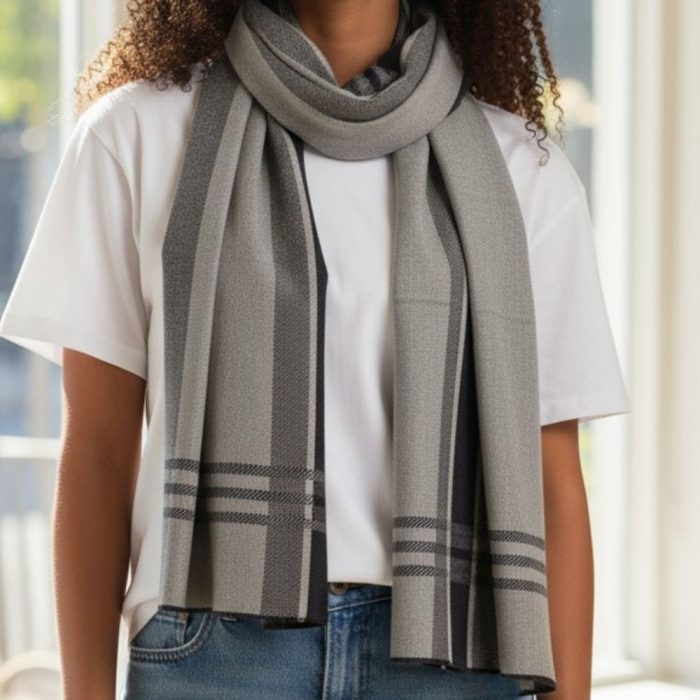 Γυναικεία Πασμίνα με Καρό στο Τελείωμα - Γκρι - Image 2