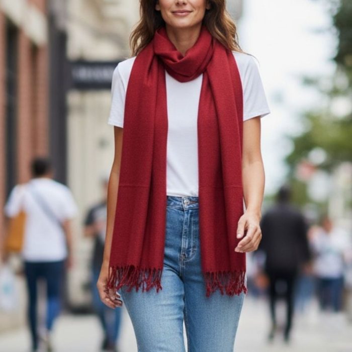 Γυναικεία Πασμίνα με Πλεξούδες στο Τελείωμα - Μπορντό - Image 2