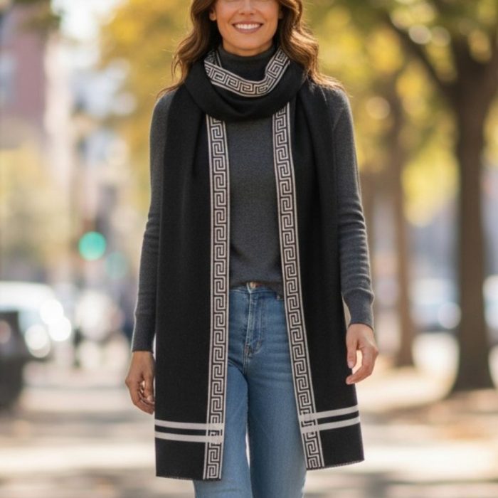 Γυναικεία Πασμίνα με Σχέδιο Μαίανδρος - Μαύρη - Image 2