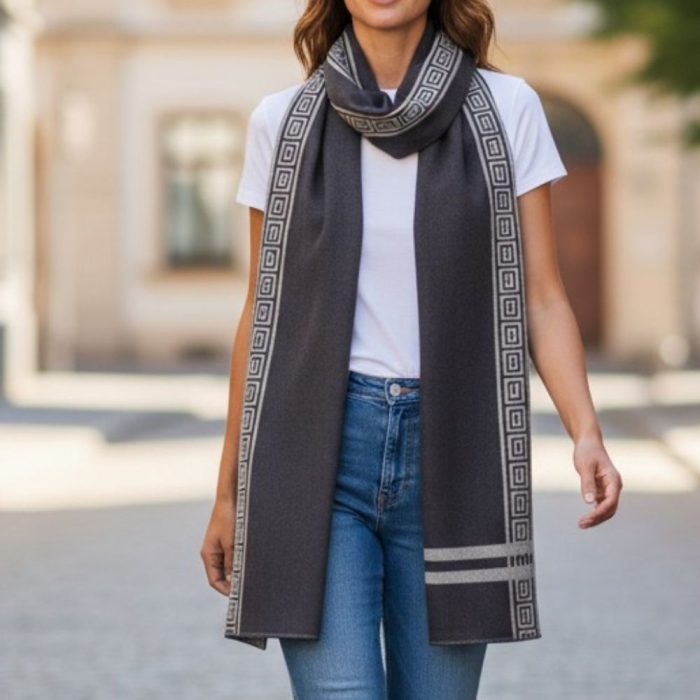 Γυναικεία Πασμίνα με Σχέδιο Μαίανδρος - Καφέ - Image 2