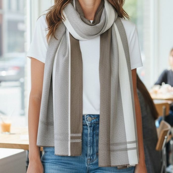 Γυναικεία Πασμίνα με Καρό στο Τελείωμα - Μπεζ - Image 2