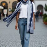 Γυναικεία Πασμίνα με Καρό στο Τελείωμα - Μπλε