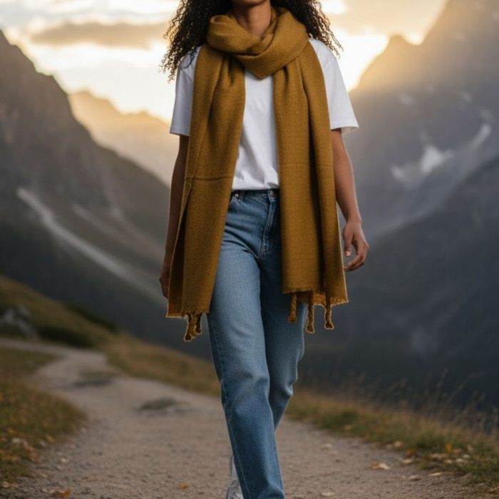 Γυναικεία Πασμίνα με Πλεξούδες στο Τελείωμα - Λαδί - Image 2