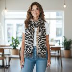 Γυναικεία Πασμίνα Μακριά με Κρόσσια Ζεβρέ – Μπεζ