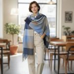 Γυναικεία Πασμίνα Μακριά με Κρόσσια Καρό Alina – Μπλε