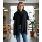 Γυναικεία Πασμίνα Μακριά με Κρόσσια και Στρας – Μαύρη