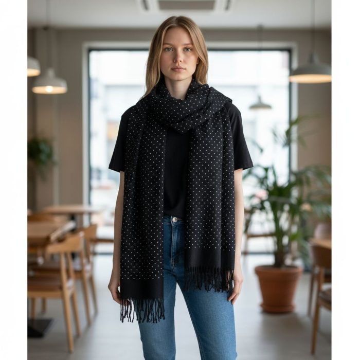 Γυναικεία Πασμίνα Μακριά με Κρόσσια και Στρας – Μαύρη - Image 2